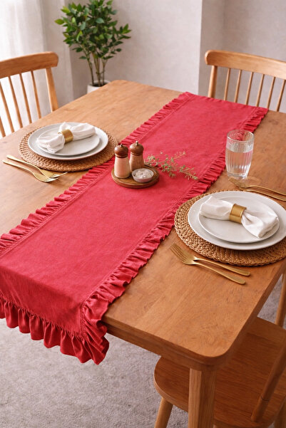 DeLavinDa Natural Fırfırlı Vintage Kırmızı Runner Ranır 40x110 Cm