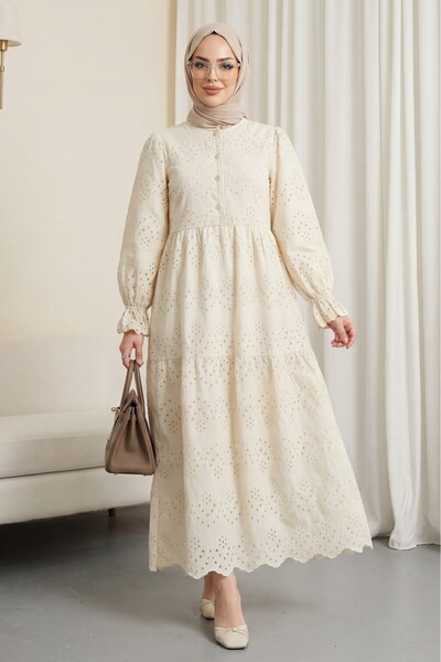 Modamorfo Half-Buttoned Lace Detailed Robadan Dress -Beige