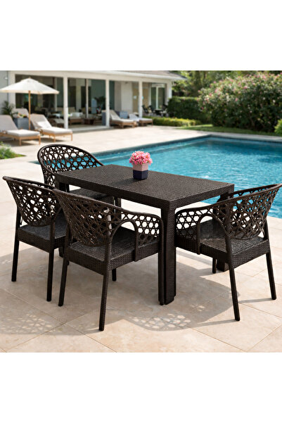 ZİYNET HOME 4 Adet Sandalye Rattan Bahçe Balkon Masa Takımı 4 Kişilik 70x120 ...