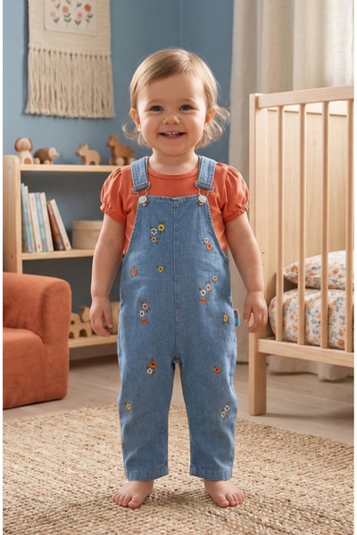 genybaby Kız Bebek Çiçek Nakışlı Kot Salopet Takım Tişörtlü 6-24 Ay