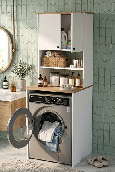 Yurudesign Nord Çamaşır Makinesi Dolabı 2 Kapaklı Raflı Sepet-Beyaz ND11-SW
