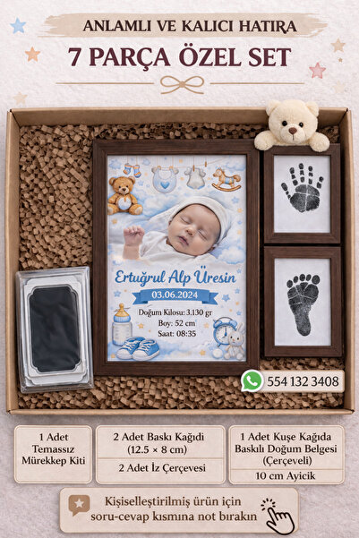 CAUTION Kişiye Özel 7 Parça Erkek Bebek El Ayak İzi Seti – Çerçeveli Doğum Be...