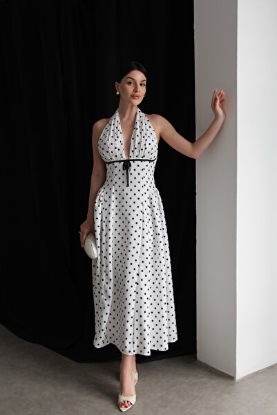 Julidress Φόρεμα μάξι με κορδέλα στο λαιμό, μακρύ, μεγέθους Πουά με Με δέσιμο...