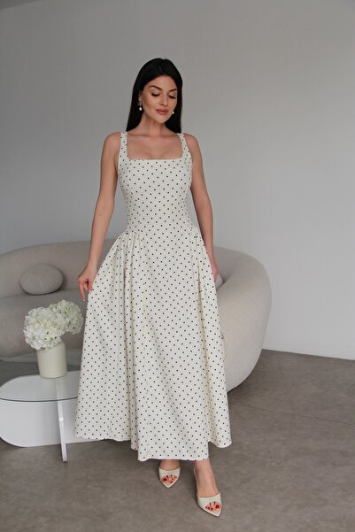 Julidress Rochie plisată premium, albă ecru, cu bretele, cu buline piese