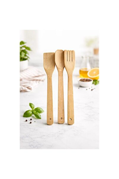 NoNameStore7 Set 3 ustensile din lemn, lingura, furculita, paleta