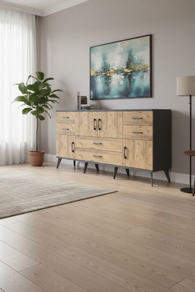 Dienni Arges Konsol 3 Raflı 6 Çekmeceli 4 Kapaklı 176x30x83 Antrasit-Çam/Çam