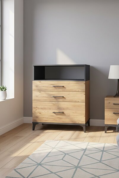 Dienni Hyperion Şifonyer Tek Raflı 3 Çekmeceli 88x44x106 Antrasit-Çam