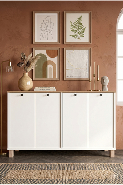 Robin Home Alaska Konsol 4 Kapaklı Ahşap Ayaklı 120cm Sepet-Beyaz