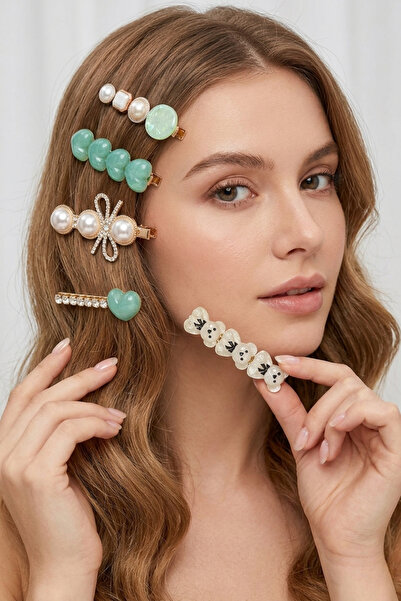 PETEK AKSESUAR 5 Li Pens Kalp Ayıcık Toka Set Yeşil