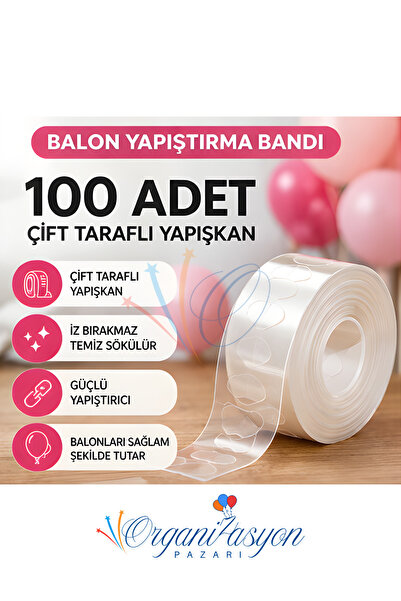 Organizasyon Pazarı Balon Yapıştırma Bandı 100 Adet Çift Taraflı Şeffaf İz Bı...