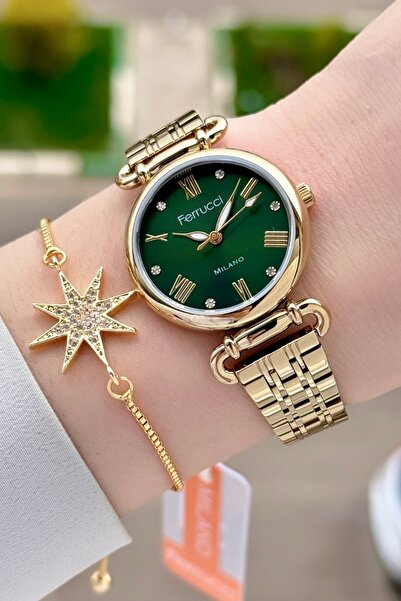 Ferrucci Dial Green Cord Gold Color 30 mm Women Wrist Watch and Bracelet