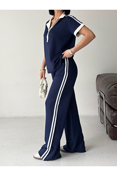 Tarzımızbir Polo Collar Stripe Detailed Top and Bottom Set