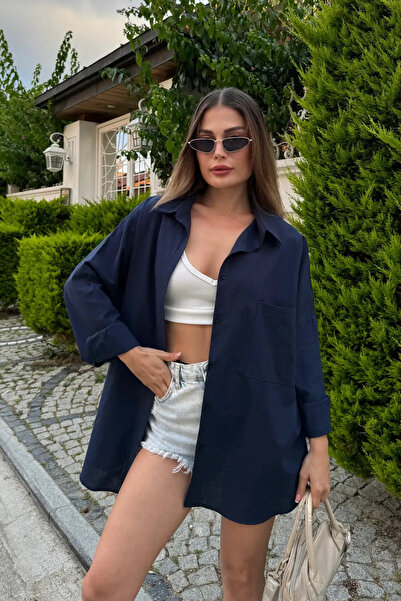 bb butik basic Oversize Keten Dokulu %100 Pamuk Salaş Lacivert Gömlek Bb-ku3435