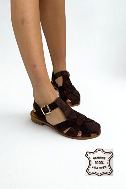 inizio Brown Genuine Leather Suede Flat Women's Slipper Of0061