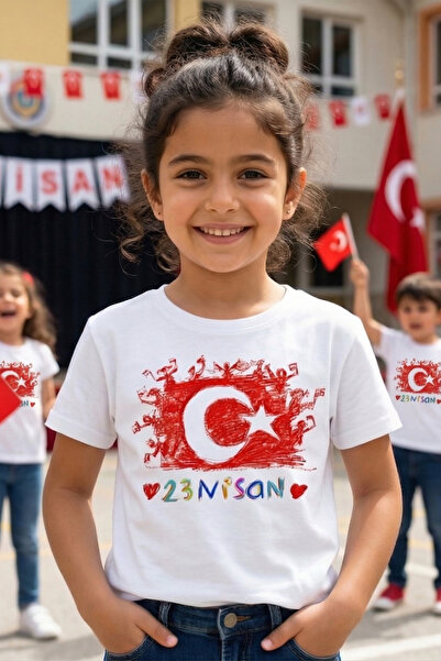 BB T SHIRTS 23 aprilie Tricou alb pentru copii cu steag turcesc cu imprimare ...