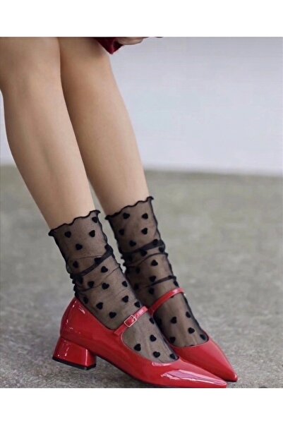 DİLARRA Boutique Siyah Kalp Desenli Siyah Tül Çorap