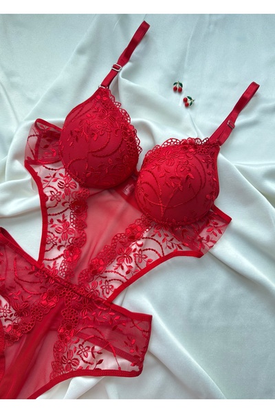 İNKO İÇ GİYİM Red Floral Patterned Padded Supported Tulle Bodysuit