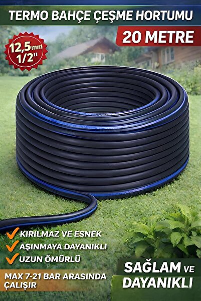 GLASWEN Termo Kauçuklu Bahçe Hortumu 20 Metre Dayanıklı 3 Katlı Sağlam Su Sul...
