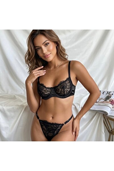 Lotiva Wear Kadın Siyah Dantelli Tanga Sütyen Takımı