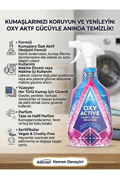 Astonish Oxy Active Leke Çıkarıcı Sprey 750 ml - Kumaş ve Giysi İçin Güçlü Leke Çıkarıcı - Vegan