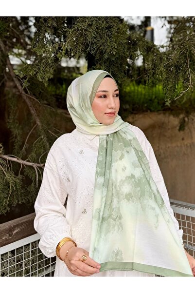 MetuCA Şal de damă din bumbac, verde deschis, cu model marmorat, cu ramă, moa...