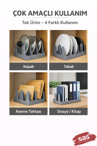 Fevito Çok Amaçlı Tabak Tava Tencere Kapağı Düzenleyici – Plastik Çekmece & Dolap İçi Organizer (Gri)