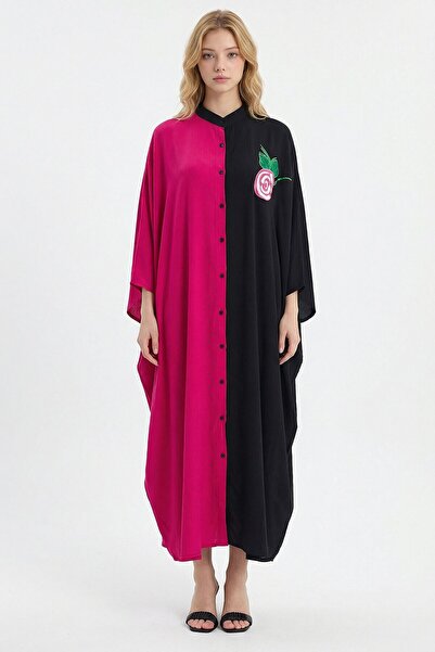 loia Γυναικείο φούξια κεντημένο φόρεμα μάξι με υφαντό βισκόζη κομψό φόρεμα L2...