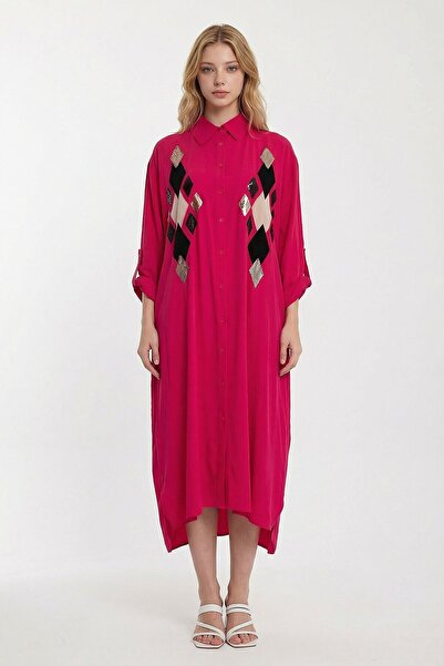 bacc فستان قميص منسوج طويل مطرز بالترتر الفوشيا للنساء Bcvl-24943