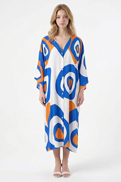 bacc Μπλε Πορτοκαλί με τύπωμα Μάξι Μέγεθος Υφαντό Φόρεμα Βισκόζης