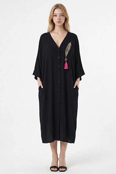 bacc Μαύρο Κεντημένο Φόρεμα Βισκόζης Μάξι Μέγεθος D Υφαντό