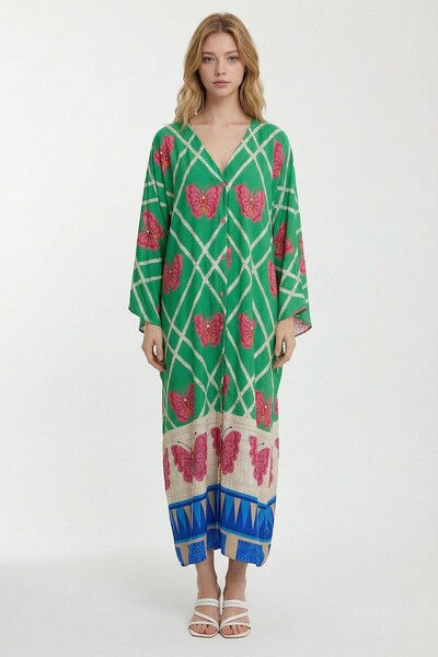 loia Women's Green V-Neck Floral Patterned Long Length Woven Shirt Stylish Dr...