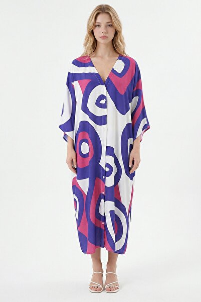 loia Γυναικείο μοντέρνο φόρεμα με μωβ στάμπα, μάξι μήκους, υφαντό από βισκόζη...