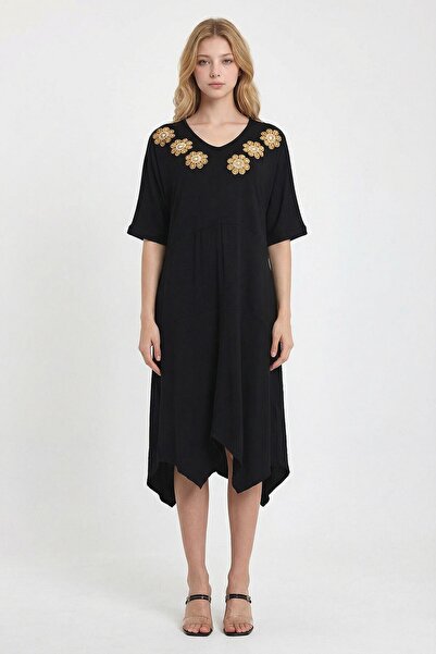 loia Γυναικείο μαύρο κεντημένο πλεκτό φόρεμα από βισκόζη L26-BCVL-251064