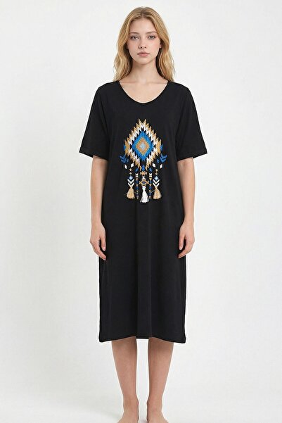 loia Γυναικείο μαύρο κεντημένο πλεκτό φόρεμα από βισκόζη κομψό L26-BCVL-251024