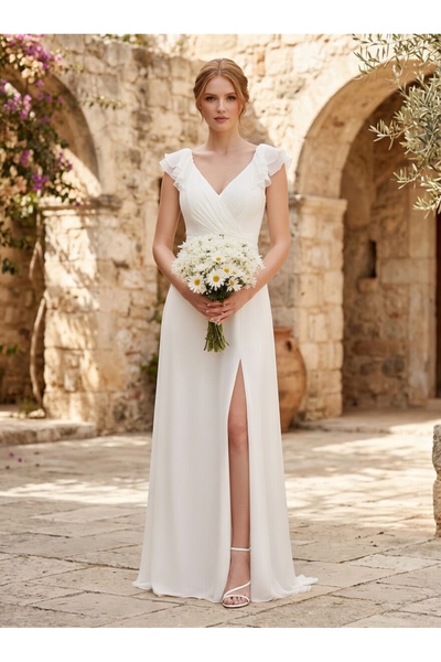 FaBe Fashion Kruvaze Yaka Kolları Ve Sırtı Volanlı Yırtmaçlı -uzun- Nikah Ve ...