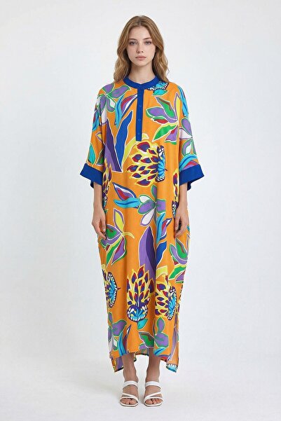 loia Γυναικείο πορτοκαλί φόρεμα με λαιμόκοψη με λουλουδάτο σχέδιο, μακρύ μήκο...