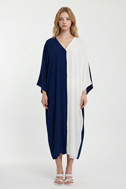 loia Γυναικείο φόρεμα σε μπλε ναυτικό και λευκό χρώμα με κέντημα, χρωματικά δ...