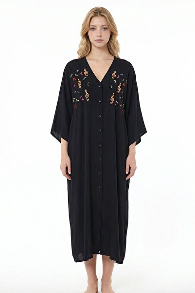 bacc Μαύρο Κεντημένο Φόρεμα Βισκόζης Μάξι Μέγεθος D Υφαντό