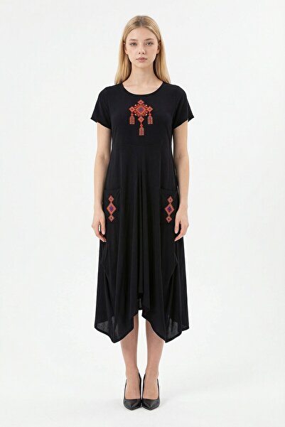 loia Women's Black Embroidered Knitted Viscon Stylish Dress L26-Bcvl-25V036