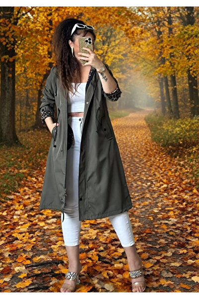 AZRA BUTİK Patched Trench Coat Khaki Plus Size