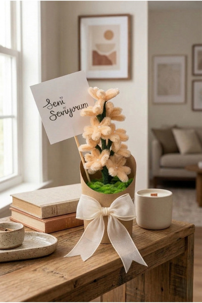 Bee Flower Shop Şönil Çiçek Yavruağzı - Kraft Saksı
