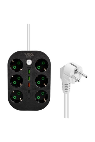 VEA VE-22399 - مقبس محمي بالتيار مع 6 كابلات بطول 1.5 متر، 3 × USB + Type-C