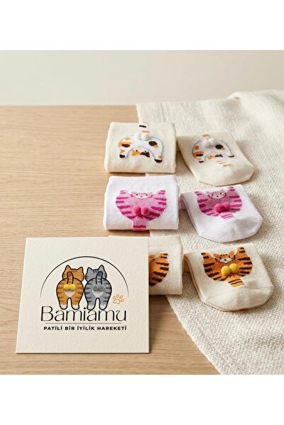 BAMİAMU 3lü sevimli kedi çorap, 3D ponponlu komik tasarım, Unisex