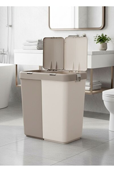 Jet's Home Çamaşır Sepeti İki Bölmeli Kirli Sepeti Krem-Bej 80 Litre