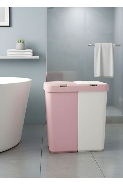 Jet's Home Çamaşır Sepeti İki Bölmeli Kirli Sepeti Pembe-Beyaz 80 Litre