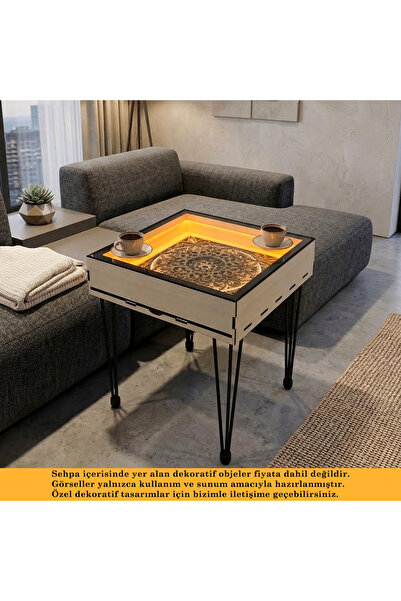 VENOCCİ LED Aydınlatmalı Cam Kapaklı Orta Sehpa Dekoratif Kahve Sehpası Puzzl...