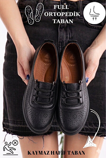 5-point Orthobetic Women's Elastic Detailed Skinned Mother Shoes Casual Shoes Flats