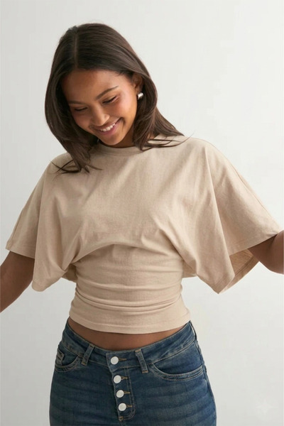 ecemore Beige Natural Viscose Blouse with Wide Sleeves