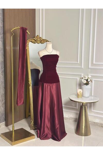 vanus fashion 6803 - Burgundy velvet evening dress with satin skirt