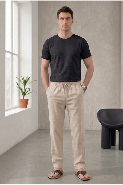 TheSeason Pantaloni de vară pentru bărbați, bej, din bumbac, cu șireturi în t...